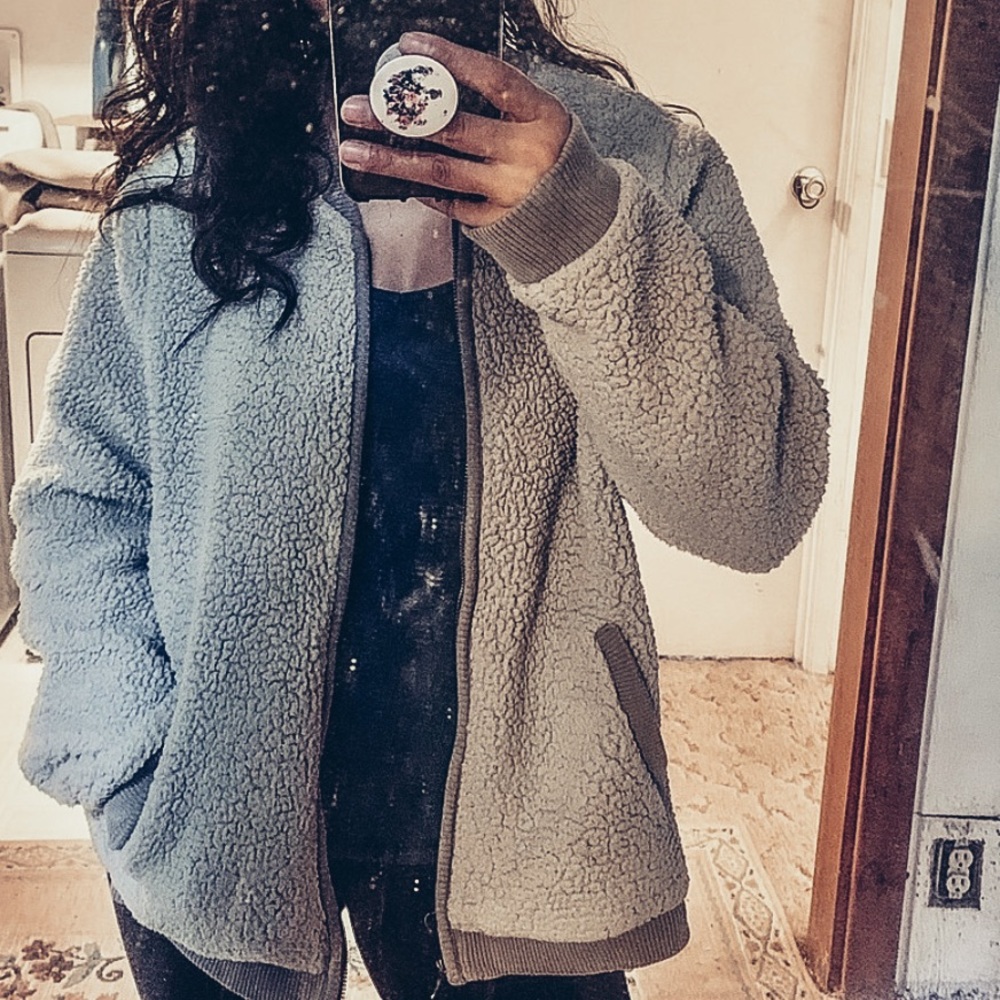 Grey sherpa teddy zip up lined bomber jacket ribbed cuffs - Picture 2 of 9